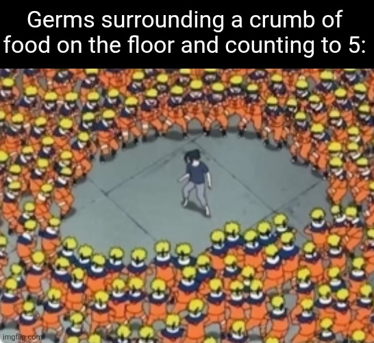 5 second rule | Germs surrounding a crumb of food on the floor and counting to 5: | image tagged in germs,food,5 second rule | made w/ Imgflip meme maker