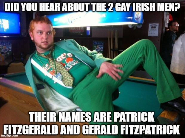 Gay Irish | DID YOU HEAR ABOUT THE 2 GAY IRISH MEN? THEIR NAMES ARE PATRICK FITZGERALD AND GERALD FITZPATRICK | image tagged in gay irish | made w/ Imgflip meme maker