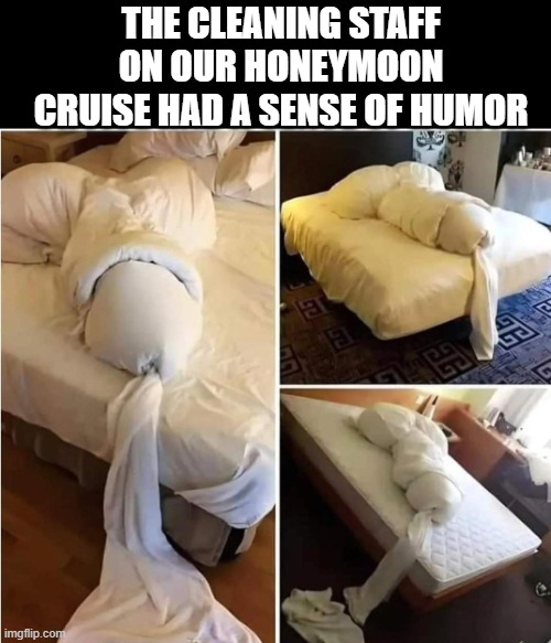 Bedroom Humor | THE CLEANING STAFF ON OUR HONEYMOON CRUISE HAD A SENSE OF HUMOR | image tagged in sex jokes | made w/ Imgflip meme maker