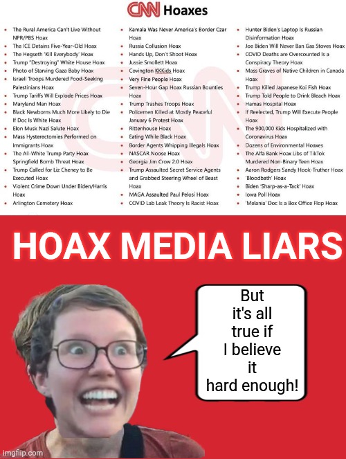 Hoax Media liars | But it's all true if I believe it hard enough! HOAX MEDIA LIARS | image tagged in hoax,media,lies | made w/ Imgflip meme maker