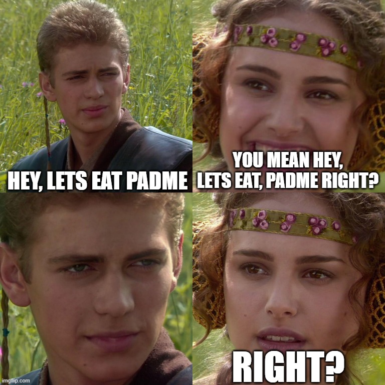 Anakin Padme 4 Panel | HEY, LETS EAT PADME; YOU MEAN HEY, LETS EAT, PADME RIGHT? RIGHT? | image tagged in anakin padme 4 panel | made w/ Imgflip meme maker