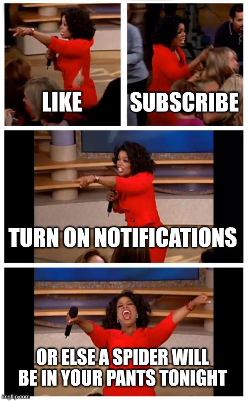 2020 youtubers | LIKE; SUBSCRIBE; TURN ON NOTIFICATIONS; OR ELSE A SPIDER WILL BE IN YOUR PANTS TONIGHT | image tagged in memes,oprah you get a car everybody gets a car | made w/ Imgflip meme maker