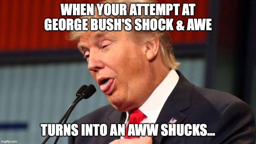 Commander in Bone Spurs | WHEN YOUR ATTEMPT AT GEORGE BUSH'S SHOCK & AWE; TURNS INTO AN AWW SHUCKS... | image tagged in stupid trump,trump unfit unqualified dangerous,donald trump,impeach trump,iran | made w/ Imgflip meme maker