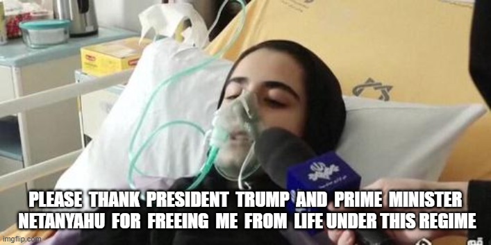 Making Iran Great Again | PLEASE  THANK  PRESIDENT  TRUMP  AND  PRIME  MINISTER  NETANYAHU  FOR  FREEING  ME  FROM  LIFE UNDER THIS REGIME | image tagged in stop reading the tags | made w/ Imgflip meme maker