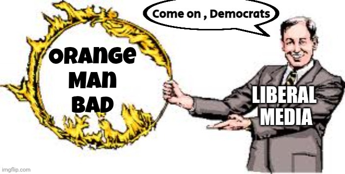 Jumping through hoops | Orange
Man
Bad | image tagged in jumping through hoops | made w/ Imgflip meme maker