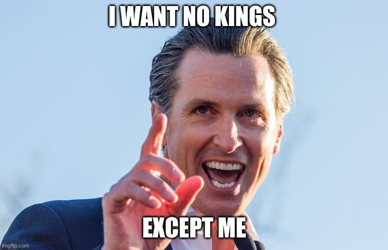 Insane Idiot Gavin Newsom | I WANT NO KINGS; EXCEPT ME | image tagged in insane idiot gavin newsom | made w/ Imgflip meme maker
