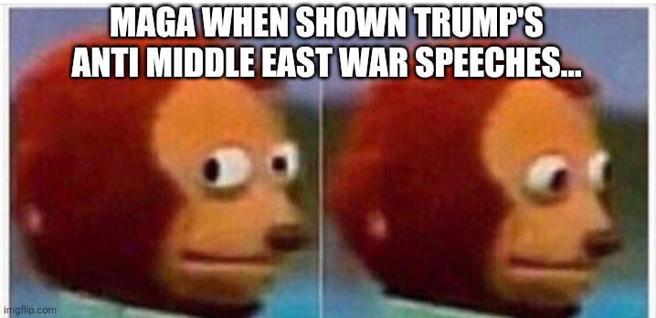 Ignoring old Donny | MAGA WHEN SHOWN TRUMP'S ANTI MIDDLE EAST WAR SPEECHES... | image tagged in donald trump,trump,israel,iran,middle east,maga | made w/ Imgflip meme maker