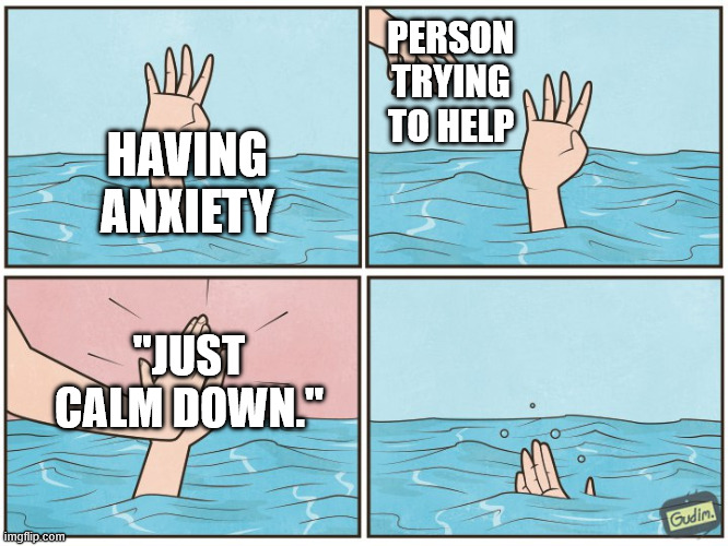 Chill, Bro | PERSON TRYING TO HELP; HAVING ANXIETY; "JUST CALM DOWN." | image tagged in high five drown | made w/ Imgflip meme maker
