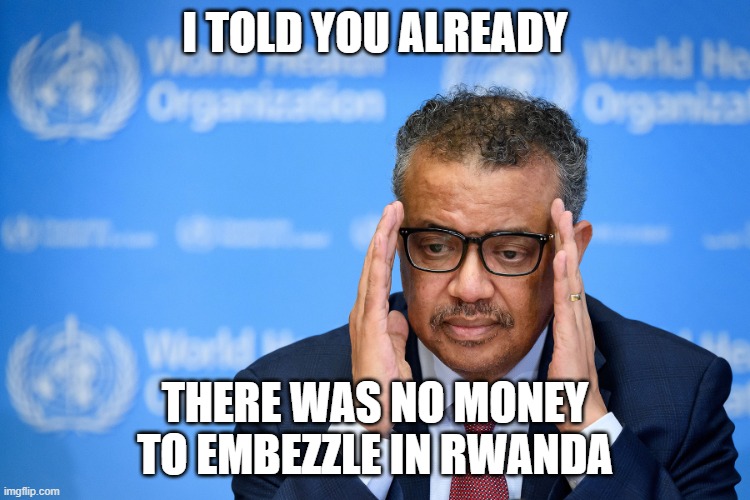 WHO | I TOLD YOU ALREADY THERE WAS NO MONEY TO EMBEZZLE IN RWANDA | image tagged in who | made w/ Imgflip meme maker