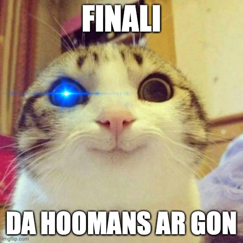 Smiling Cat Meme | FINALI; DA HOOMANS AR GON | image tagged in memes,smiling cat | made w/ Imgflip meme maker