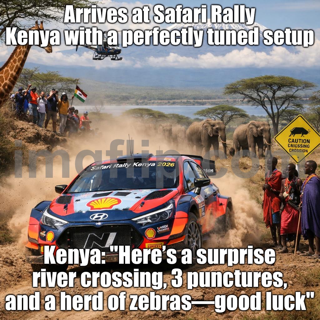 Me: “This stage can’t get any rougher.”; Safari Rally Kenya: “Hold my suspension.” | Arrives at Safari Rally Kenya with a perfectly tuned setup; Kenya: "Here’s a surprise river crossing, 3 punctures, and a herd of zebras—good luck" | image tagged in 2026 wrc safari rally kenya,africa,safari,motorsport,suspension,wildlife | made w/ Imgflip meme maker