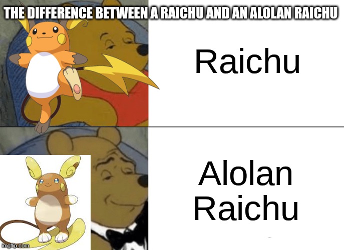 Tuxedo Winnie The Pooh | Raichu; THE DIFFERENCE BETWEEN A RAICHU AND AN ALOLAN RAICHU; Alolan Raichu | image tagged in memes,tuxedo winnie the pooh | made w/ Imgflip meme maker