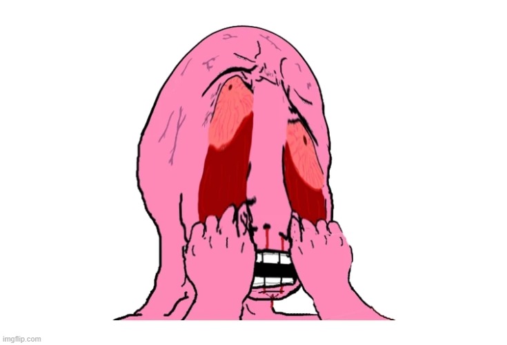 Pink eye pulling Soyjak | image tagged in pink eye pulling soyjak | made w/ Imgflip meme maker