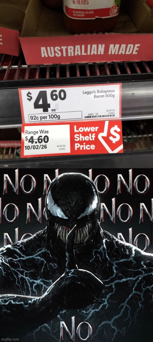 "Lower shelf price" | image tagged in no venom,shelf,price,memes,you had one job,bacon | made w/ Imgflip meme maker