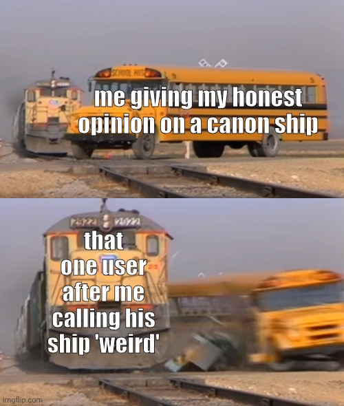 nice knowing yall | me giving my honest opinion on a canon ship; that one user after me calling his ship 'weird' | image tagged in a train hitting a school bus,indie,shipping | made w/ Imgflip meme maker
