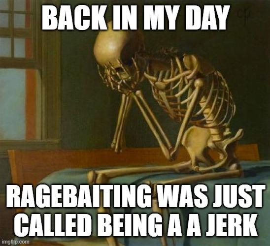 Ragebaiting wow | BACK IN MY DAY; RAGEBAITING WAS JUST CALLED BEING A A JERK | image tagged in sad skeleton | made w/ Imgflip meme maker