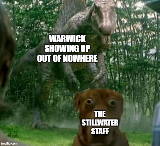 Day 478 of Arcane memes until the next season/series comes out. | WARWICK SHOWING UP OUT OF NOWHERE; THE STILLWATER STAFF | image tagged in dinosaur behind dog,arcane | made w/ Imgflip meme maker