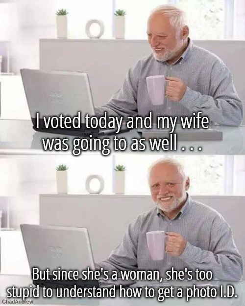 According to Democrats, women, people of color and other minorities are not smart enough to understand IDs. | I voted today and my wife was going to as well . . . But since she's a woman, she's too stupid to understand how to get a photo I.D. | image tagged in memes,hide the pain harold,voting,voter fraud,democrats | made w/ Imgflip meme maker