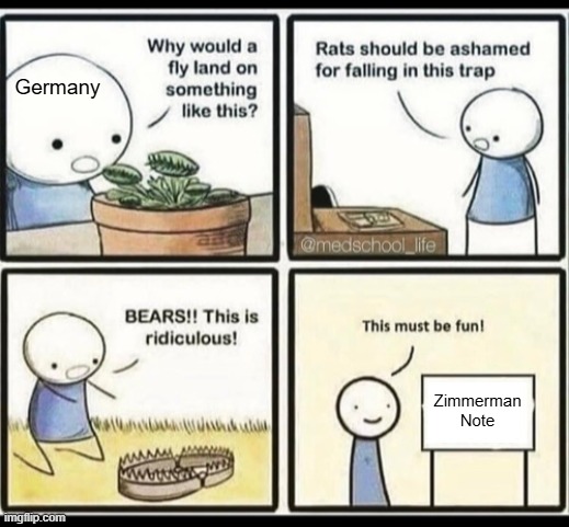 Zimmerman | Germany; Zimmerman Note | image tagged in blank trap meme,ww1 | made w/ Imgflip meme maker