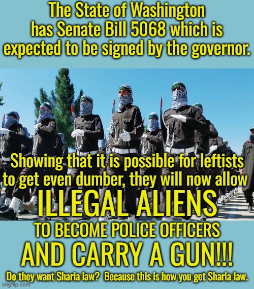 I wonder how that is going to work when MS-13 gang members apply for the job? | The State of Washington has Senate Bill 5068 which is expected to be signed by the governor. Showing that it is possible for leftists to get even dumber, they will now allow; ILLEGAL ALIENS; TO BECOME POLICE OFFICERS; AND CARRY A GUN!!! Do they want Sharia law?  Because this is how you get Sharia law. | image tagged in dems are the dumbest people on earth,this is a criminal or terrorists dream come true | made w/ Imgflip meme maker