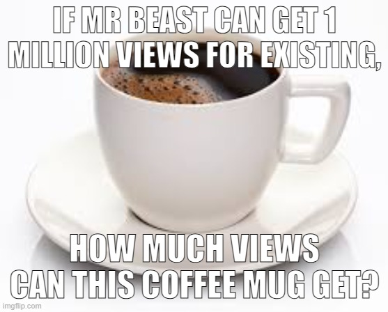 How many views | IF MR BEAST CAN GET 1 MILLION VIEWS FOR EXISTING, HOW MUCH VIEWS CAN THIS COFFEE MUG GET? | image tagged in coffee cup,views,viral meme,mr beast,breathing,popular | made w/ Imgflip meme maker