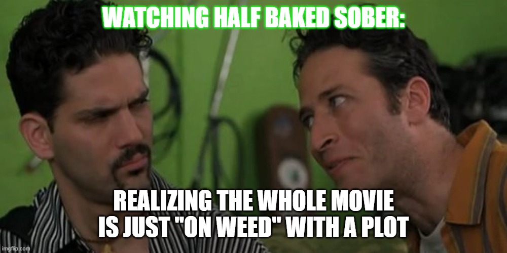 half baked meme | WATCHING HALF BAKED SOBER:; REALIZING THE WHOLE MOVIE IS JUST "ON WEED" WITH A PLOT | image tagged in on weed | made w/ Imgflip meme maker