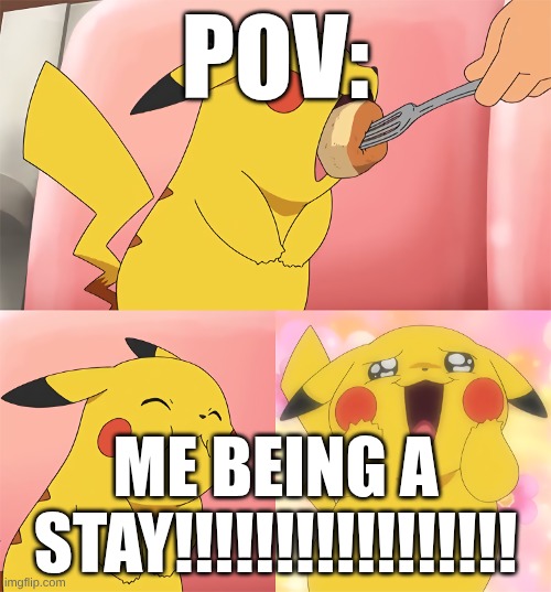 staaaaaaaaaaaaaaaaaaaaaaaaa | POV:; ME BEING A STAY!!!!!!!!!!!!!!!!! | image tagged in pikachu loves food | made w/ Imgflip meme maker