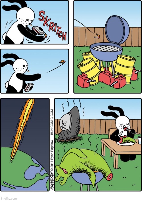 Buni Comics - Dad loves to grill “exotic meat” | image tagged in comics,buni comics,buni dad,grill,fire,alien | made w/ Imgflip meme maker