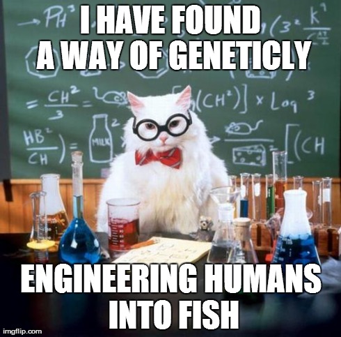 Chemistry Cat | I HAVE FOUND A WAY OF GENETICLY ENGINEERING HUMANS INTO FISH | image tagged in memes,chemistry cat | made w/ Imgflip meme maker