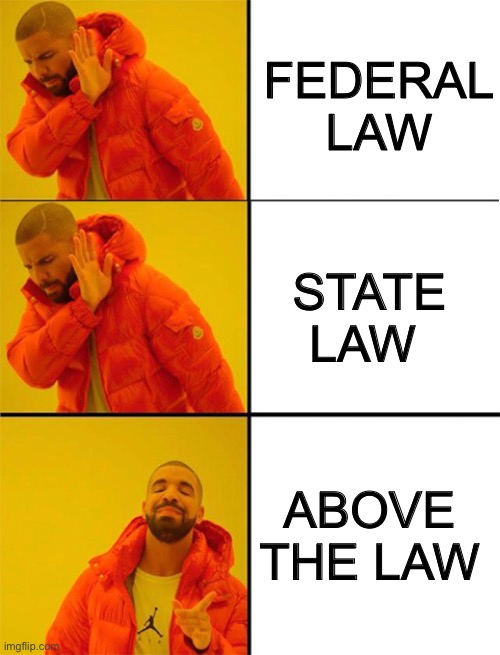 Konfusing Kountry | FEDERAL LAW; STATE LAW; ABOVE THE LAW | image tagged in drake meme 3 panels,federal law,state law,above the law,law and order,brian einersen | made w/ Imgflip meme maker