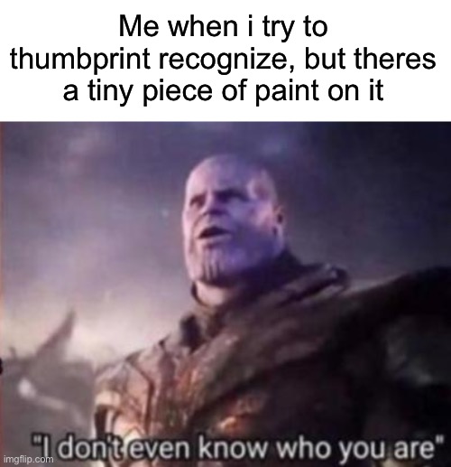 Whyyy 3: | Me when i try to thumbprint recognize, but theres a tiny piece of paint on it | image tagged in thanos i don't even know who you are | made w/ Imgflip meme maker