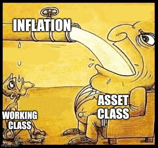 inflation explanation simple | INFLATION; ASSET CLASS; WORKING CLASS | image tagged in fat guy drinking water | made w/ Imgflip meme maker