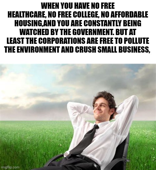 sorry shitty font | WHEN YOU HAVE NO FREE HEALTHCARE, NO FREE COLLEGE, NO AFFORDABLE HOUSING,AND YOU ARE CONSTANTLY BEING WATCHED BY THE GOVERNMENT. BUT AT LEAST THE CORPORATIONS ARE FREE TO POLLUTE THE ENVIRONMENT AND CRUSH SMALL BUSINESS, | made w/ Imgflip meme maker