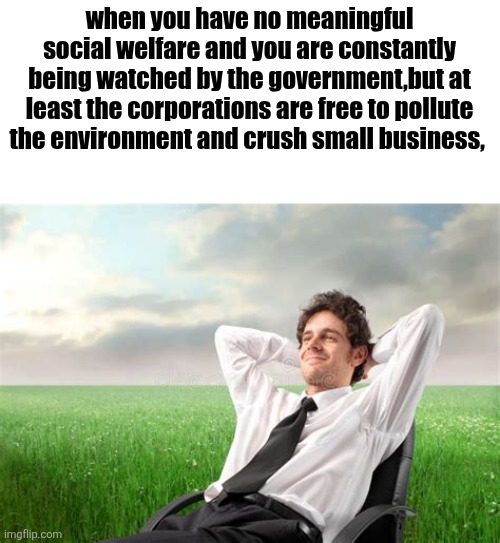 when you have no meaningful social welfare and you are constantly being watched by the government,but at least the corporations are free to pollute the environment and crush small business, | made w/ Imgflip meme maker