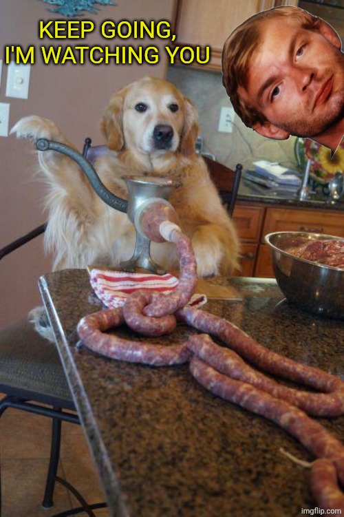 J. Dahmer teaches a dog to work with sausages | KEEP GOING, I'M WATCHING YOU | image tagged in dog sausages | made w/ Imgflip meme maker