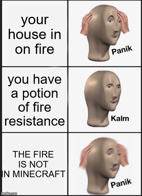Panik Kalm Panik Meme | your house in on fire; you have a potion of fire resistance; THE FIRE IS NOT IN MINECRAFT | image tagged in memes,panik kalm panik | made w/ Imgflip meme maker