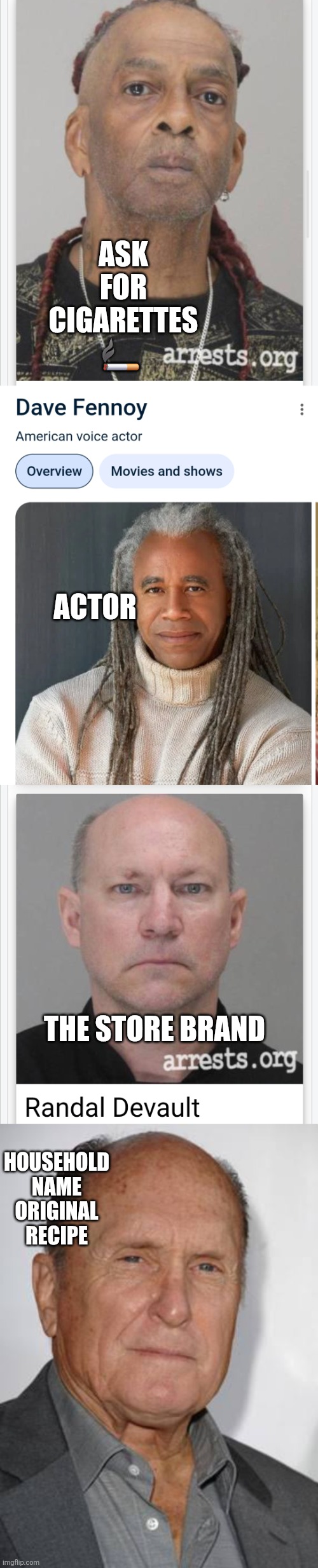 Real deal vs bootleg brand | ASK FOR CIGARETTES 🚬; ACTOR; THE STORE BRAND; HOUSEHOLD NAME ORIGINAL RECIPE | image tagged in wtf | made w/ Imgflip meme maker