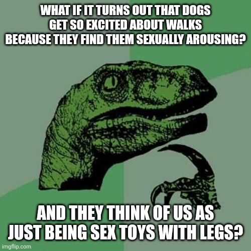 Dog walking | WHAT IF IT TURNS OUT THAT DOGS GET SO EXCITED ABOUT WALKS BECAUSE THEY FIND THEM SEXUALLY AROUSING? AND THEY THINK OF US AS JUST BEING SEX TOYS WITH LEGS? | image tagged in memes,philosoraptor,sex,dogs,sex toys | made w/ Imgflip meme maker