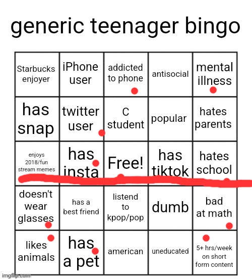 generic teenager bingo | image tagged in generic teenager bingo | made w/ Imgflip meme maker