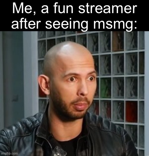 Andrew Tate wojack face | Me, a fun streamer after seeing msmg: | image tagged in andrew tate wojack face | made w/ Imgflip meme maker