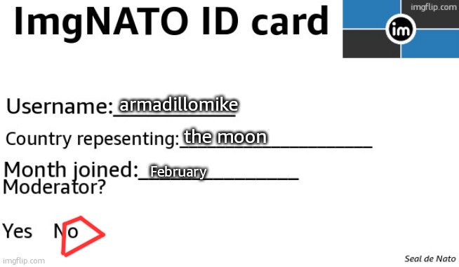 ImgNATO ID card | armadillomike; the moon; February | image tagged in imgnato id card,i read it all | made w/ Imgflip meme maker