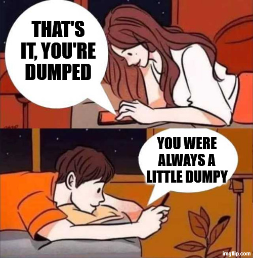 Boy and girl texting | THAT'S IT, YOU'RE DUMPED YOU WERE ALWAYS A LITTLE DUMPY | image tagged in boy and girl texting | made w/ Imgflip meme maker