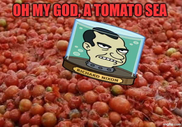 Richard Nixon in a Tomato sea | OH MY GOD, A TOMATO SEA | image tagged in tomato guy | made w/ Imgflip meme maker
