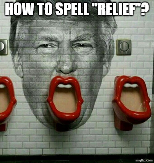 HOW TO SPELL "RELIEF"? | image tagged in donald trump urinal | made w/ Imgflip meme maker