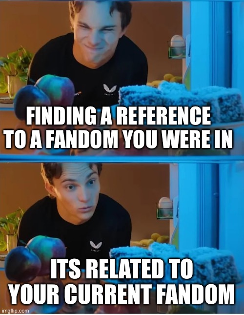 isnt this real?? | FINDING A REFERENCE TO A FANDOM YOU WERE IN; ITS RELATED TO YOUR CURRENT FANDOM | image tagged in oscar fridge,funny,relatable,fandoms | made w/ Imgflip meme maker
