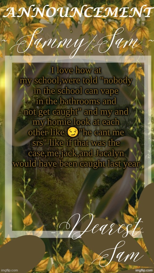 sams LOTR temp (thx v) | I love how at my school,were told "nobody in the school can vape in the bathrooms and not get caught" and my and my homie look at each other like 😏"he cant me srs" like if that was the case,me,jack,and Jacalyn would have been caught last year | image tagged in sams lotr temp thx v | made w/ Imgflip meme maker