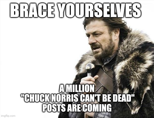 Chuck Norris Can't Die | BRACE YOURSELVES; A MILLION
 "CHUCK NORRIS CAN'T BE DEAD"
 POSTS ARE COMING | image tagged in memes,brace yourselves x is coming,chuck norris | made w/ Imgflip meme maker