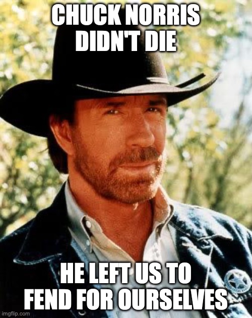 Chuck Norris | CHUCK NORRIS DIDN'T DIE; HE LEFT US TO FEND FOR OURSELVES | image tagged in memes,chuck norris | made w/ Imgflip meme maker