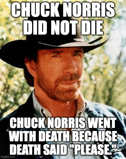 Chuck Norris Did Not Die | CHUCK NORRIS DID NOT DIE; CHUCK NORRIS WENT WITH DEATH BECAUSE DEATH SAID "PLEASE." | image tagged in memes,chuck norris | made w/ Imgflip meme maker