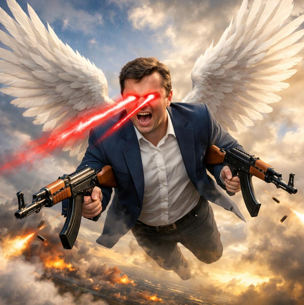 Charlie Kirk with laser eyes flying with angelic wings holding t Blank Meme Template